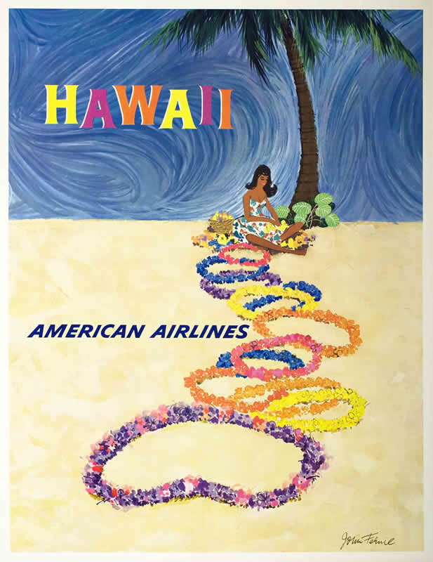 Girl makes leis under palm tree on beach, line of leis in the sand; pink, blue, yellow, green