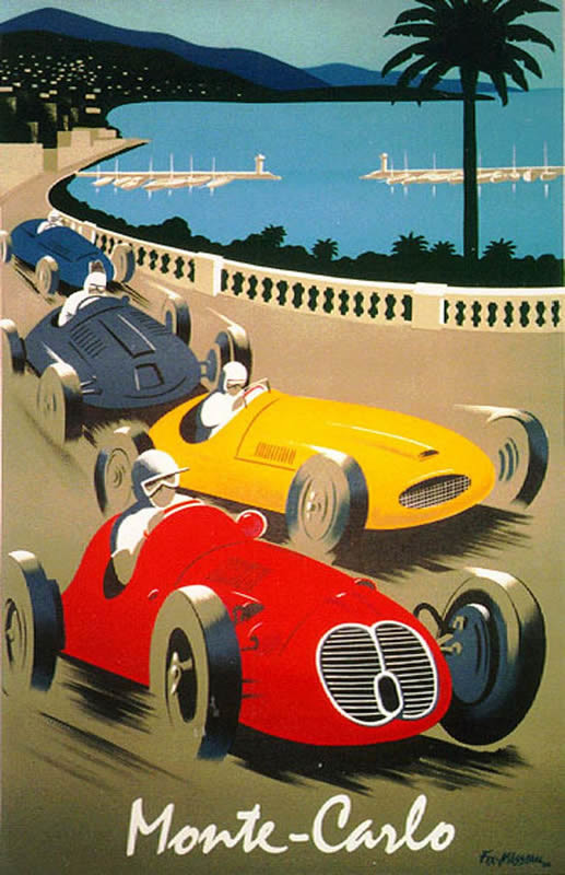 4 CARS RACING BY RIVIERA; RED, YELL, BLUE, BROWN, B/W