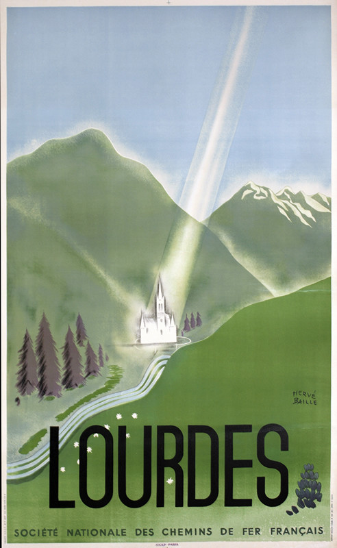 Beam of light falls on church in green field, mountains; green, blue