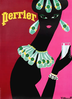 Woman in Perrier bottle earrings, necklace and bracelet; pink, black, green, red