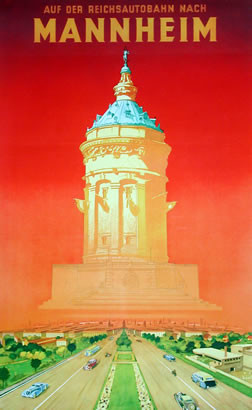 Cars travel on road leading to city, with water tower in the distance; orange, red
