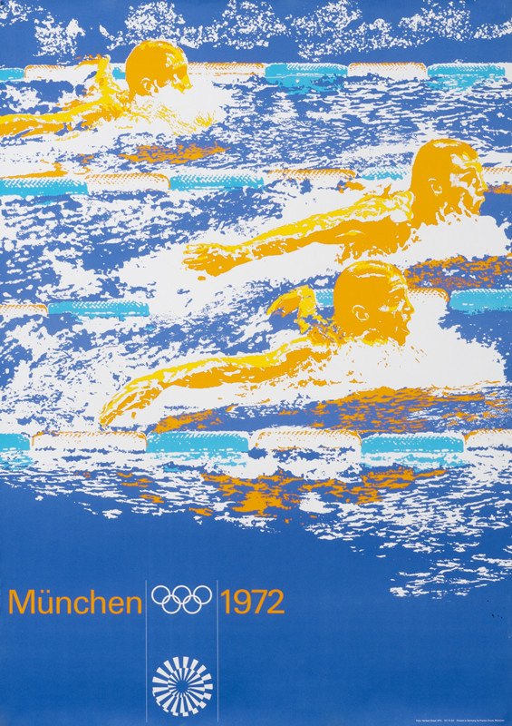 Men swimming; blue, orange, purple
