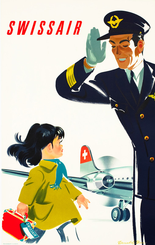 Pilot salutes little girl with suitcase; red, white, blue, beige