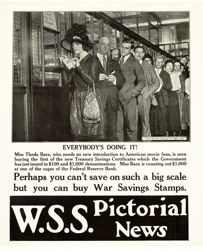 Actress Theda Bara guys Treasury Savings Certificate at bank, men line up behind her; black, white
