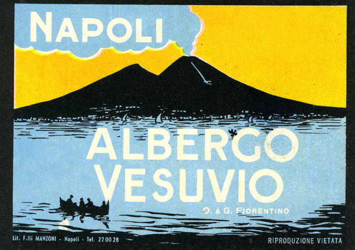 Mount Vesuvius smokes in background, watery scene with boat and passengers; blue, black, yellow, white