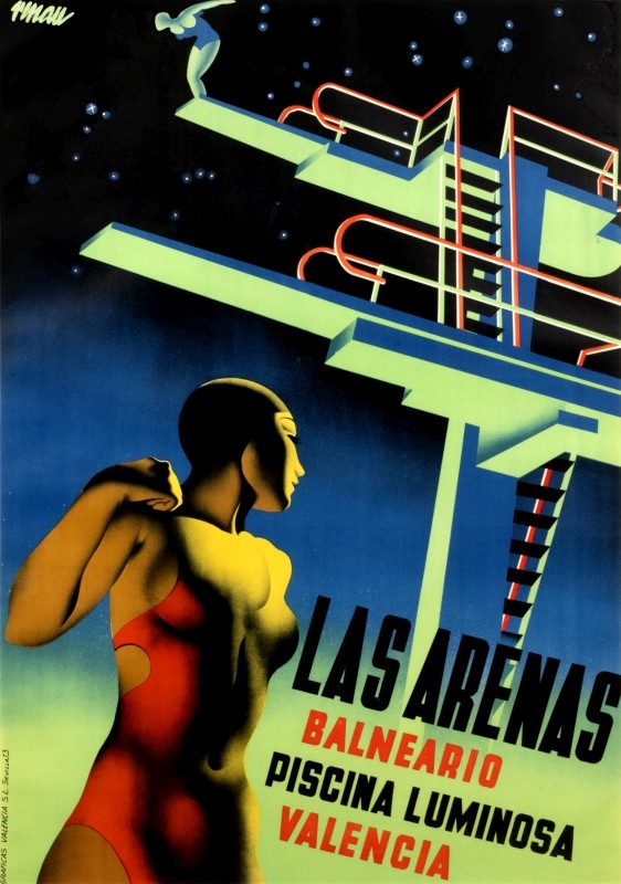 Woman in bathing suit in front of diving platforms for illuminated pool; green, blue, red, yellow