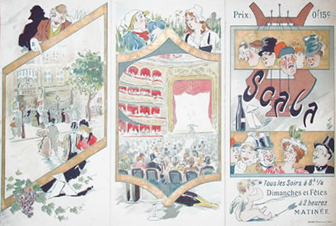 Trifold, theater and street scenes, marionettes; gold, blue, green, brown