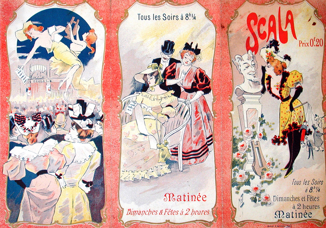 Trifold, three figures singing flanked by crowds at Scala and woman whispering to bust of satyr; red, yellow