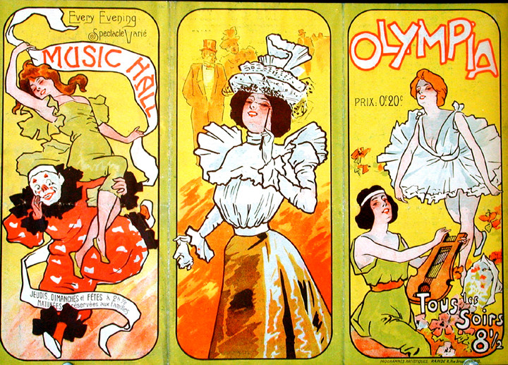 Trifold, woman in frilly blouse flanked by clown and dancer, ballerina and lyre player; yellow, orange, lime green