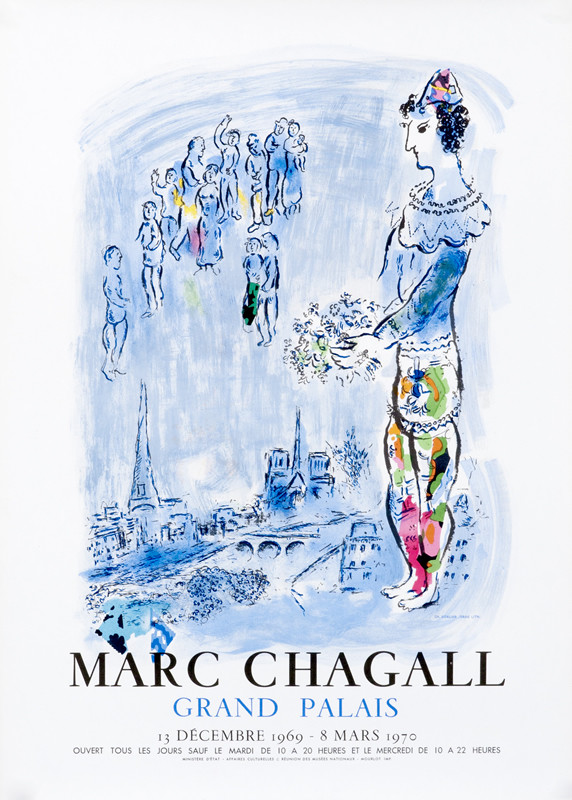 Costumed figure and scene of dancing couples over Paris; blue