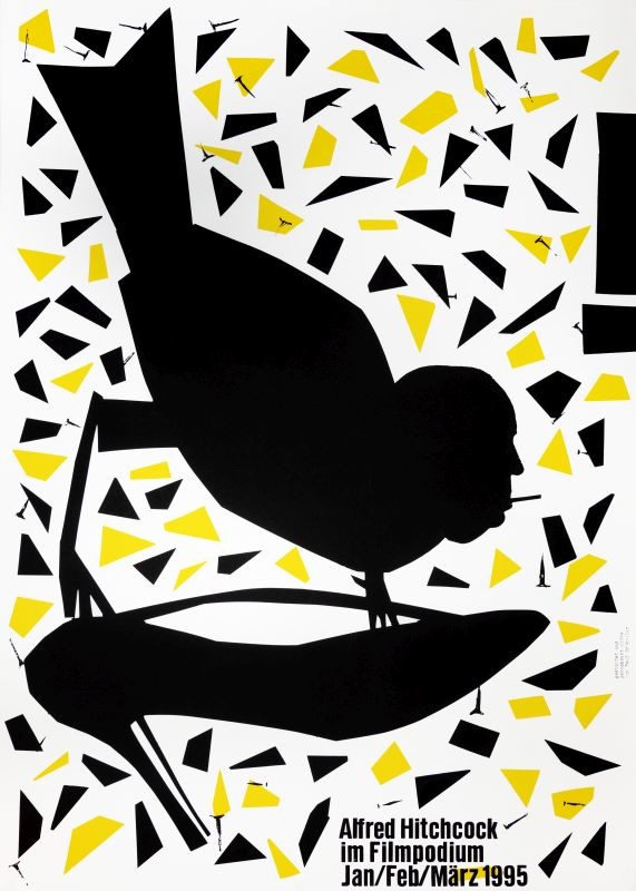Head of Hitchcock fused onto bird's body - woodblock technique; yellow, black