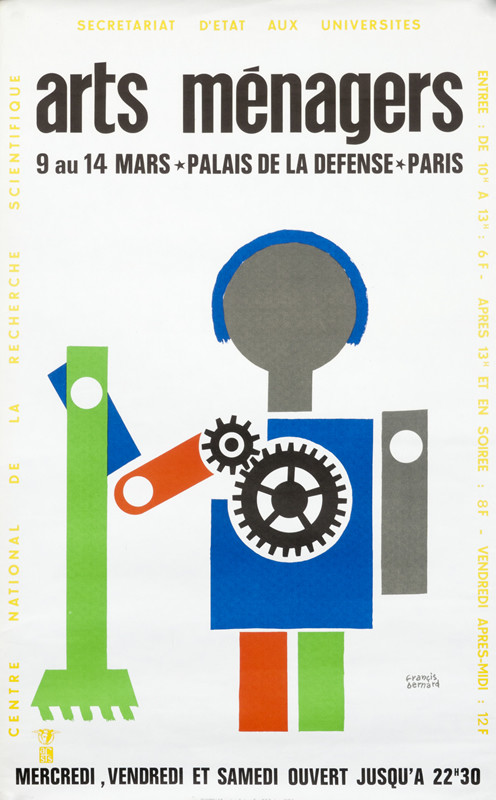 stylistic man with gears; blue, yellow, red, green