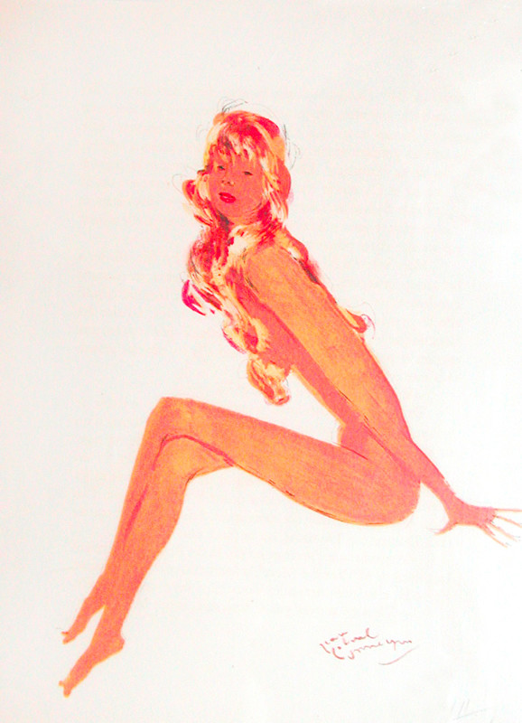 Seated nude veiled with long hair; tan, brown