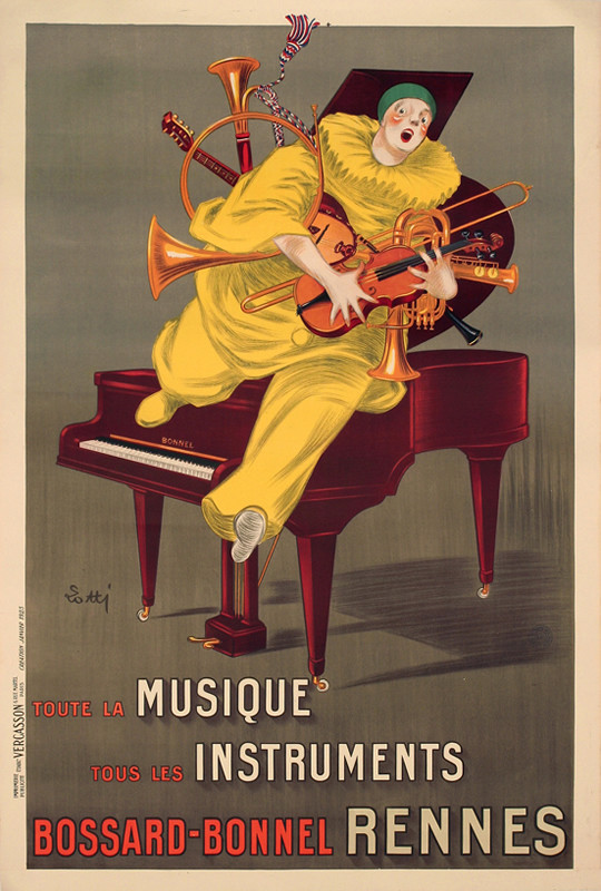 Clown coming out of piano; yellow, brown, gray