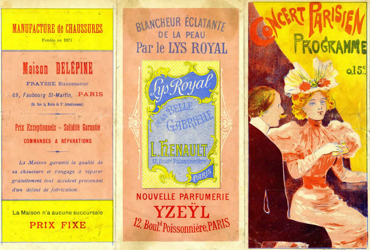 trifold, man and woman in pink dress with opera glasses; yellow, pink, pastel