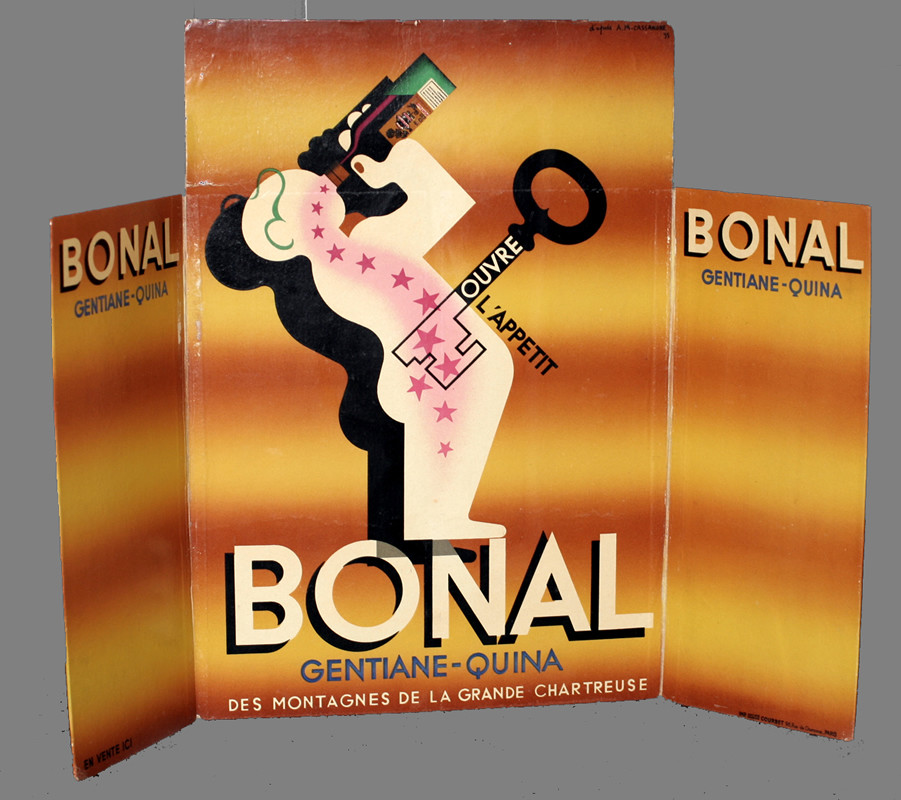 man, bottle & key; black, yellow, brown, pink