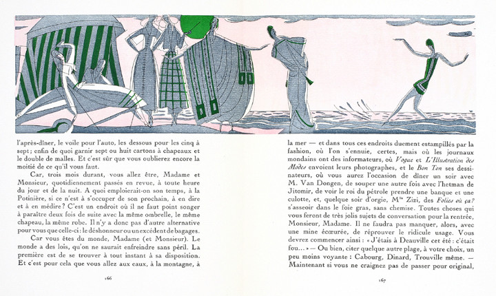 Spread with woman in various attitudes of leisure; green, pink