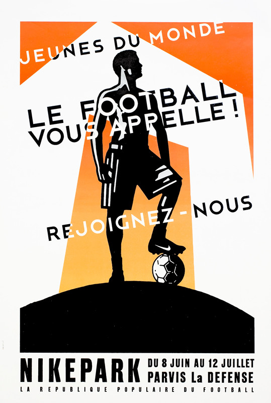Outline of football player with foot resting on ball, outline of Arche de la Défense; orange, black white