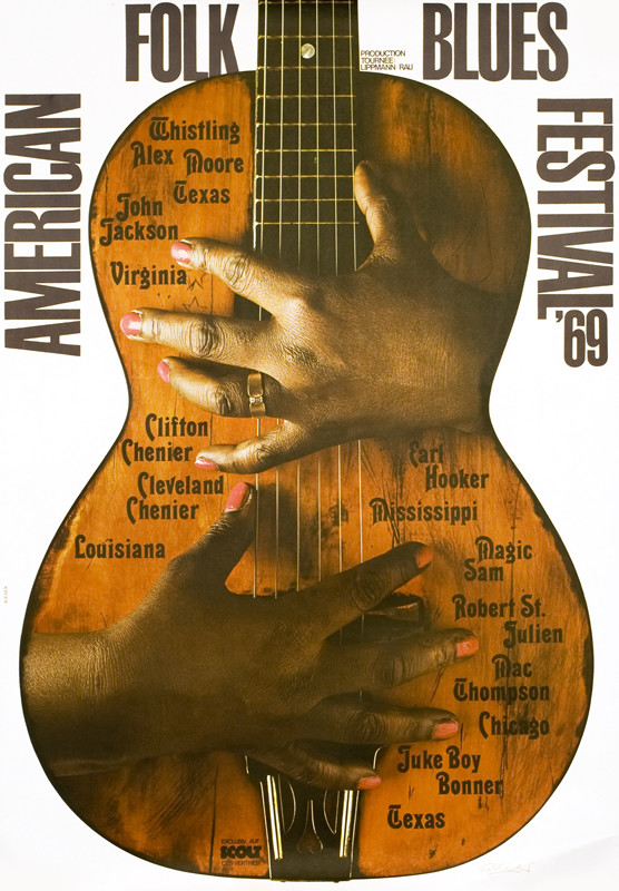 Guitar with a pair of hands on it; brown, white, black