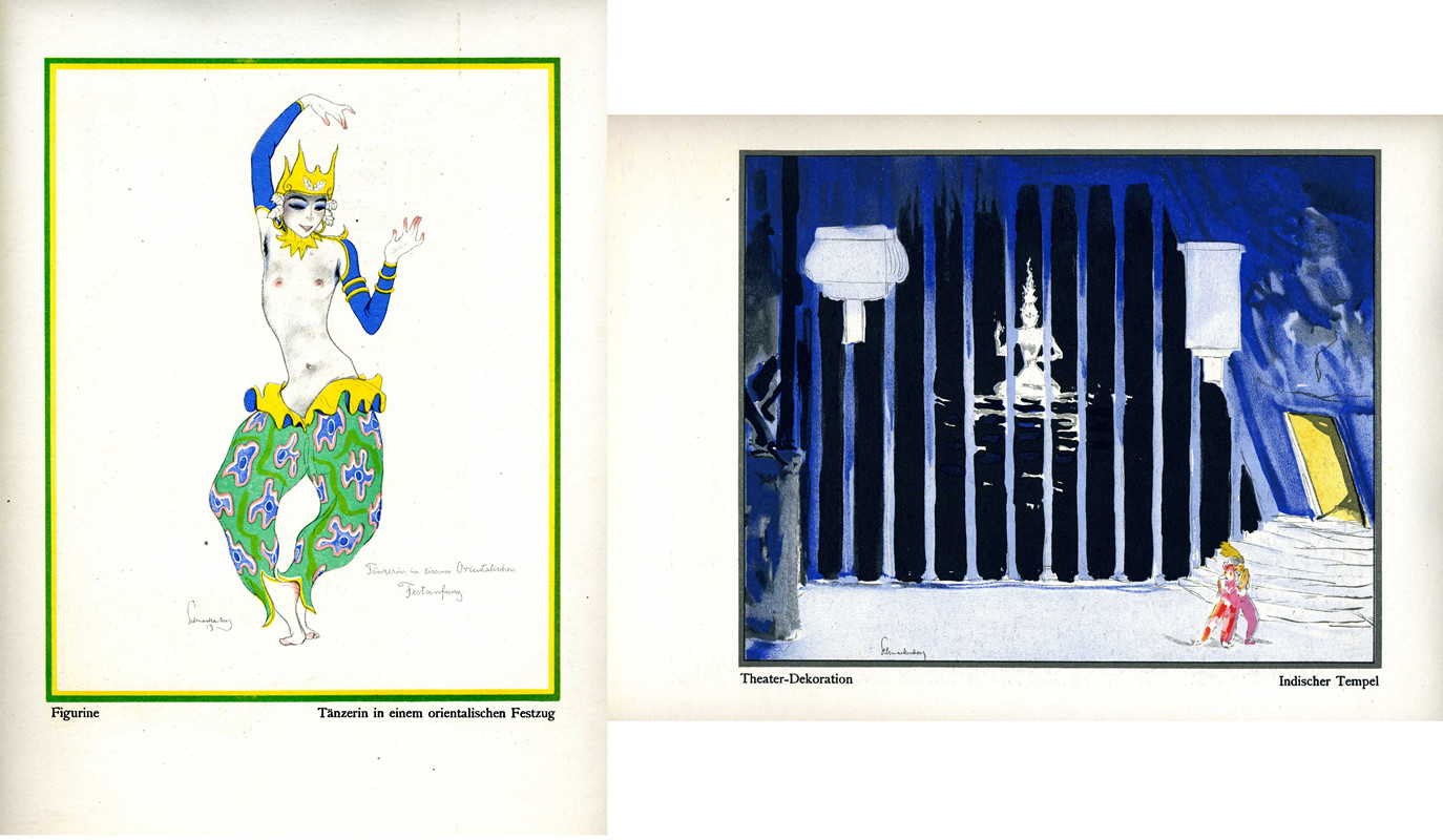 Woman dancing topless in crown and Asian costume/Set design of Indian temple with statues; blue, yellow, green