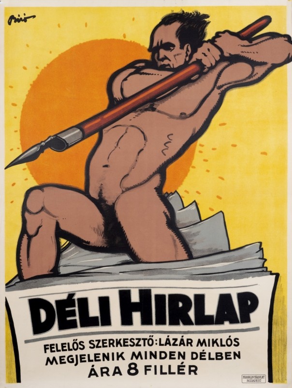 Heroic nude with ink pen emerges from pages of newspaper; yellow, orange, brown