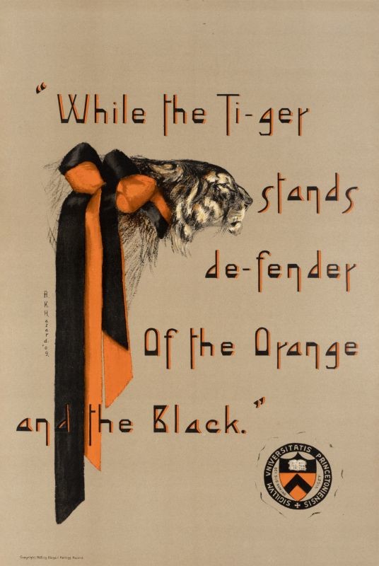 Princeton tiger, text and school seal; black, orange, gray