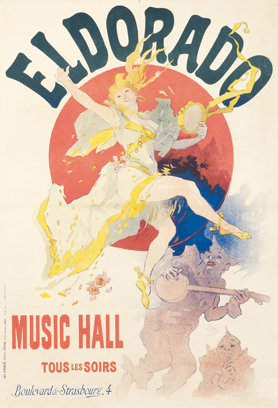 Woman dancing with banjo player below; red, yellow, blue