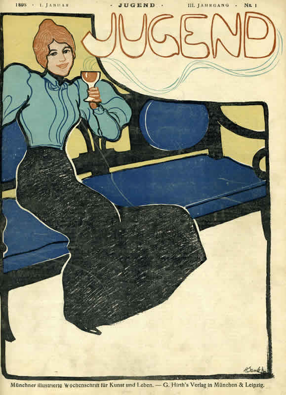 Woman sitting on bench holds steming drink; brown, blue, black
