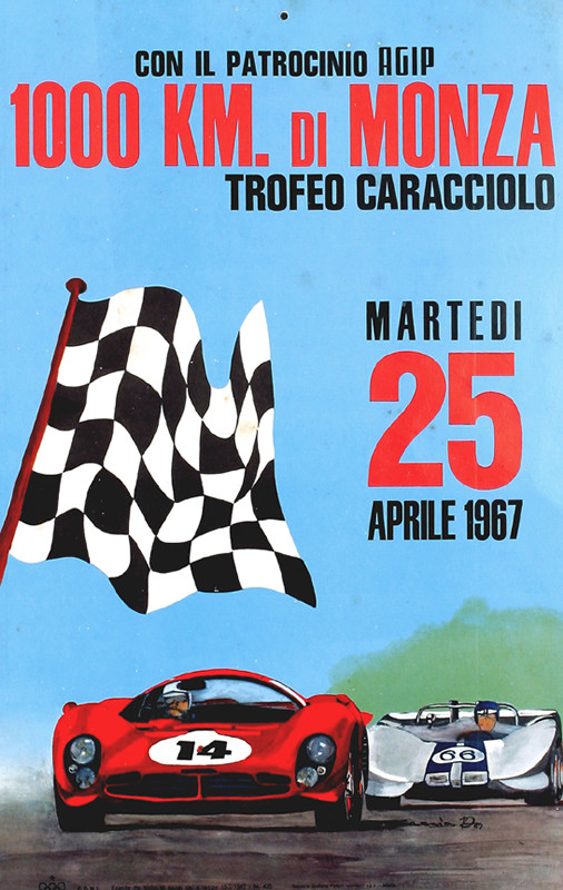 Two cars race forward towards checkered flag; blue, red, black, white