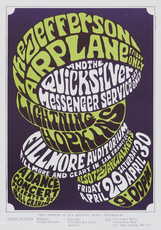 No. 4, globular forms, Quicksilver Messenger Service, Lightnin' Hopkins, The Jaywalkers; green, purple
