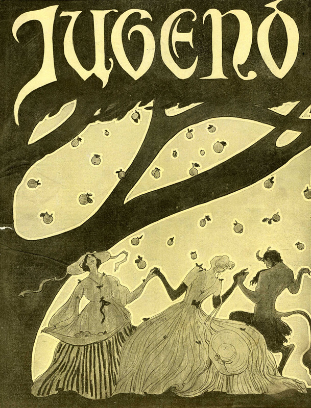 Women in gowns frolic with satyr under tree with falling fruit; black, white