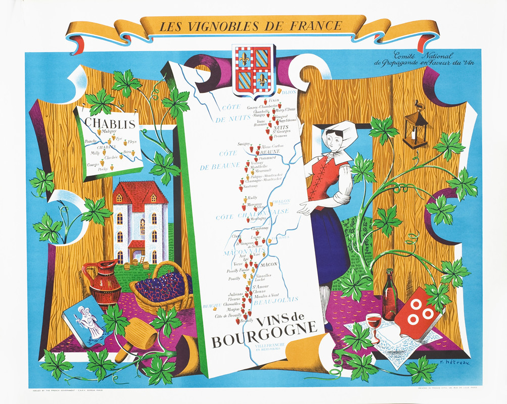 Woman in historical dress, map of Bourgogne, map of Chablis, chateau, barrels of wine, grapes, vines, shields; brown, red, blue, green, purple