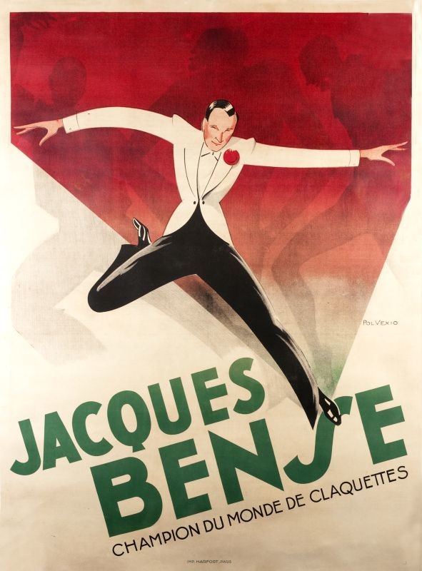 Tap dancer Jacques Bense leaps, outlined forms behind; black, red, green