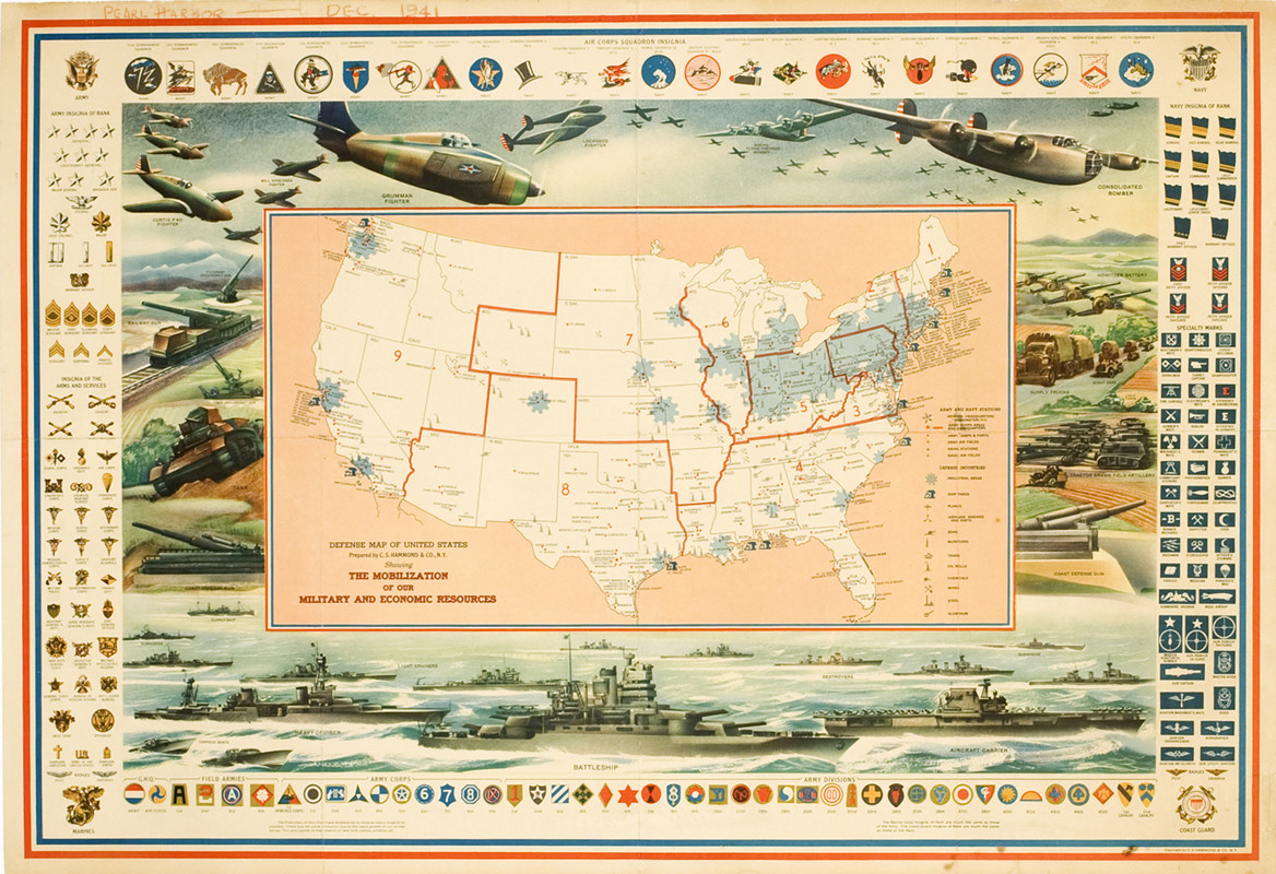 Map of United States showing military outposts, insignia, economic resources; red, blue, peack