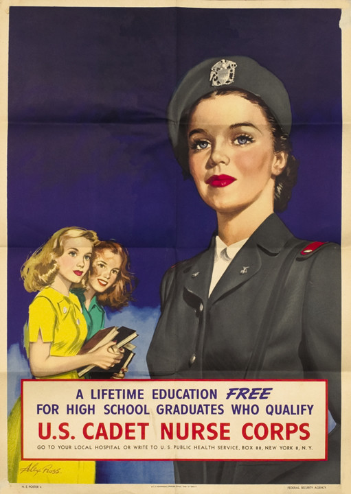 School girls with books regard nurse in uniform; blue, yellow, gray