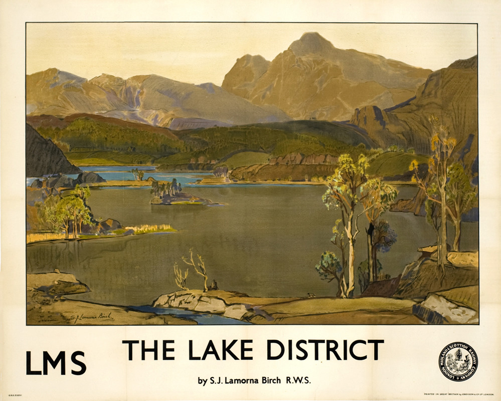 Lakes and islands with mountains in distance; brown, gray