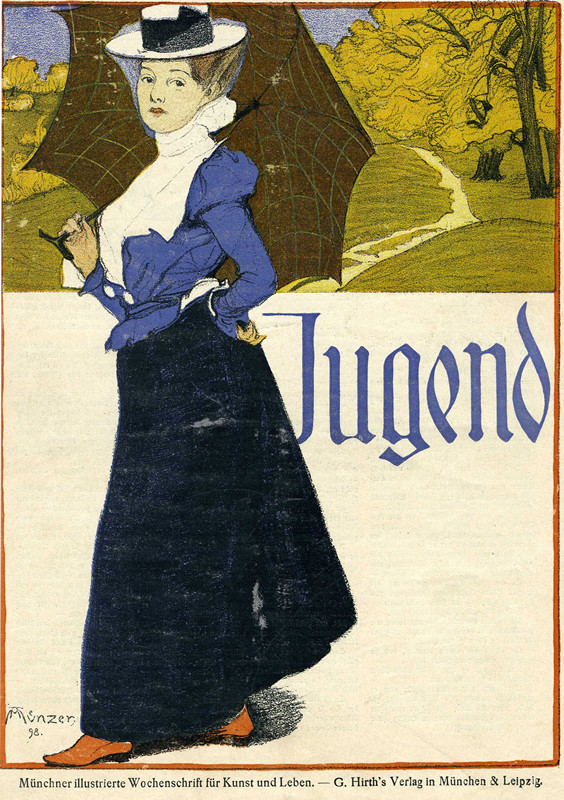 Woman carrying umbrella with forest and trail behind; brown, blue, green