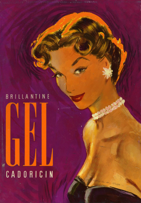 Woman in evening dress and pearls on bright magenta background; magenta, orange, white