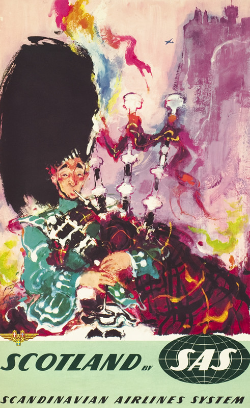 Painterly view of bagpiper playing, wearing kilt and traditional hat, plane flying in distance; green, pink, purple