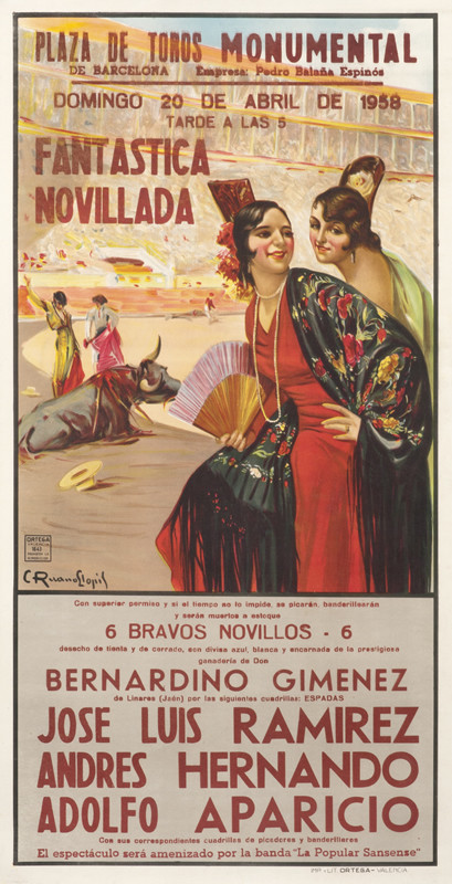 Pretty Spanish ladies at bullfight; red, brown
