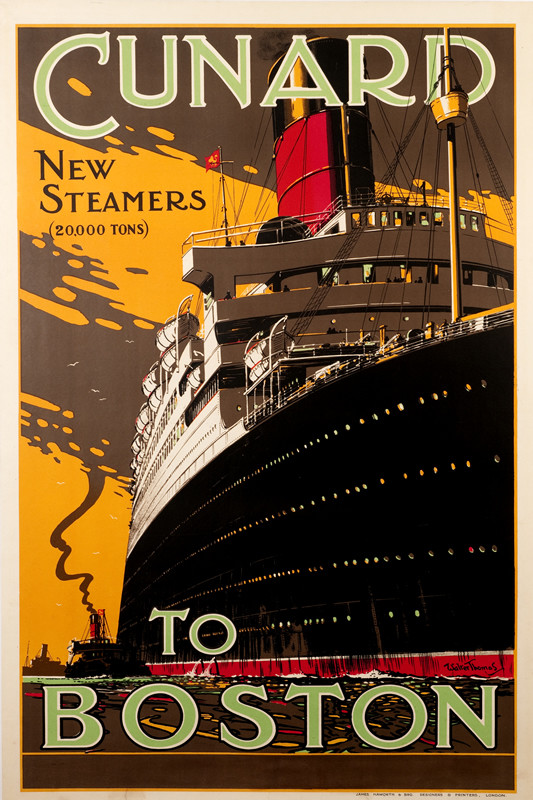 Ocean liner and tug; orange, brown, green, red