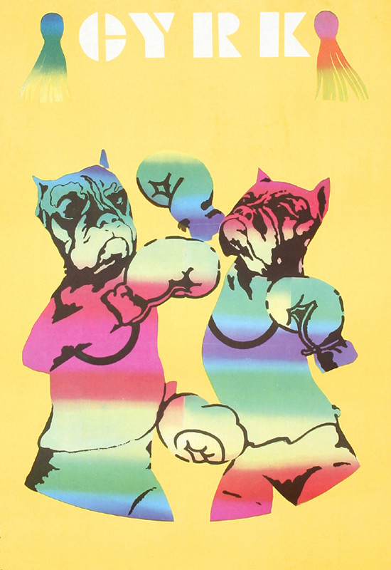 Two boxer dogs with boxing gloves; yellow, red, blue, green