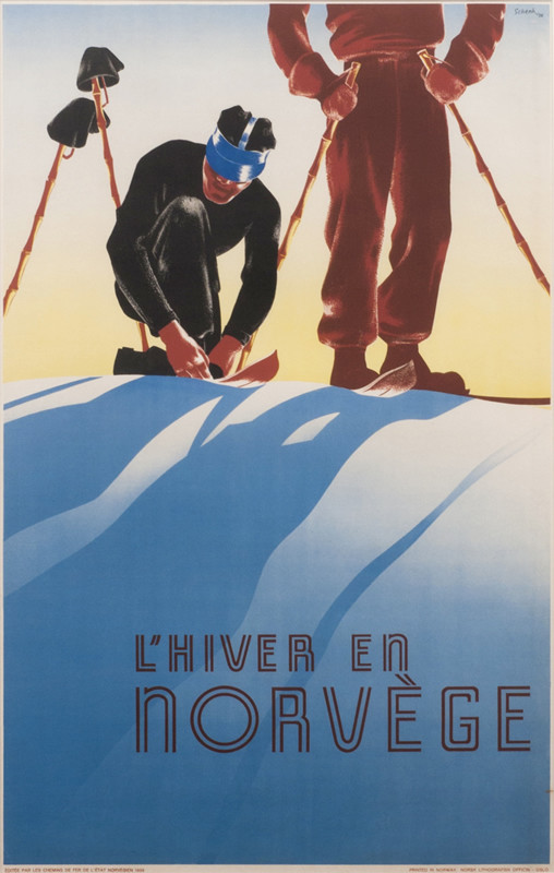 Two skiers on ridge, stopping to put on skis; blue, yellow, brown