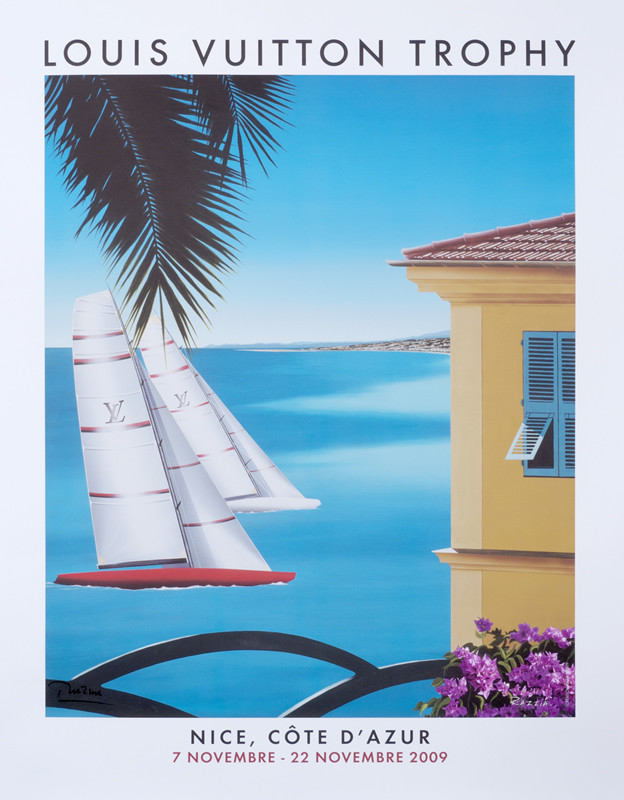 Two racing sloops cross paths, palm tree, house on coastline, flowers; blue, pink, white, brown