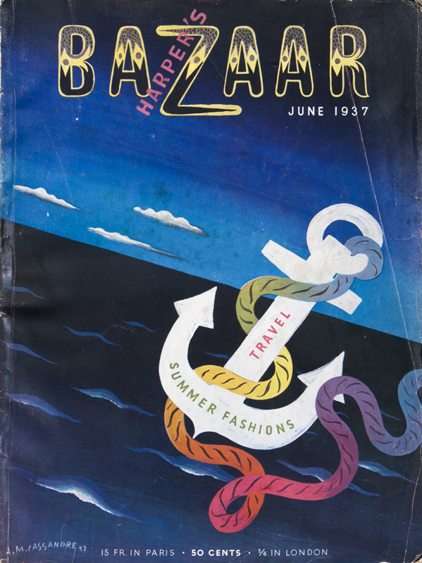 Anchor with rope over ocean; blue, pink, white, yellow