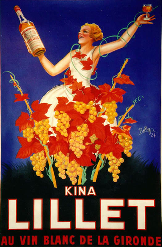 Woman with bottle and glass wearing grapes; blue background