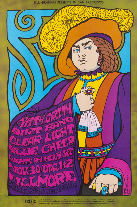 No. 95, image of nobleman with band names on cape, Clear Light, Blue Cheer; purple, blue, green, orange, yellow