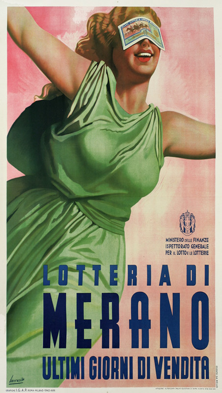 Woman with arms outspread, with lottery ticket over eyes; pink, green, blue, pastel
