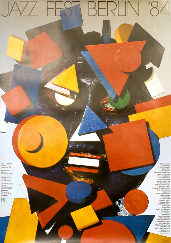 Man's face with squares, circles and triangles on it; gray, black, red, orange, blue