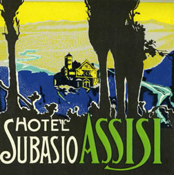 Illustration of hotel in the mountains;  black, blue, yellow
